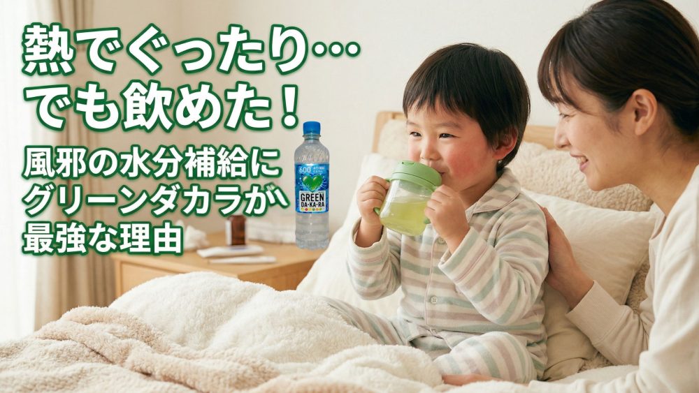 子供が風邪の水分補給にグリーンダカラを飲んでいる写真