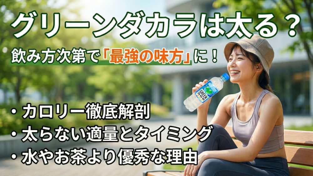 アクティブな女性が、運動後にグリーンダカラを美味しく飲んでいる写真